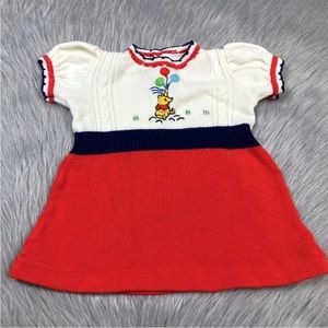 Vintage 70s Baby Girls Red Navy Disney Winnie The Pooh Knit Sweater Dress